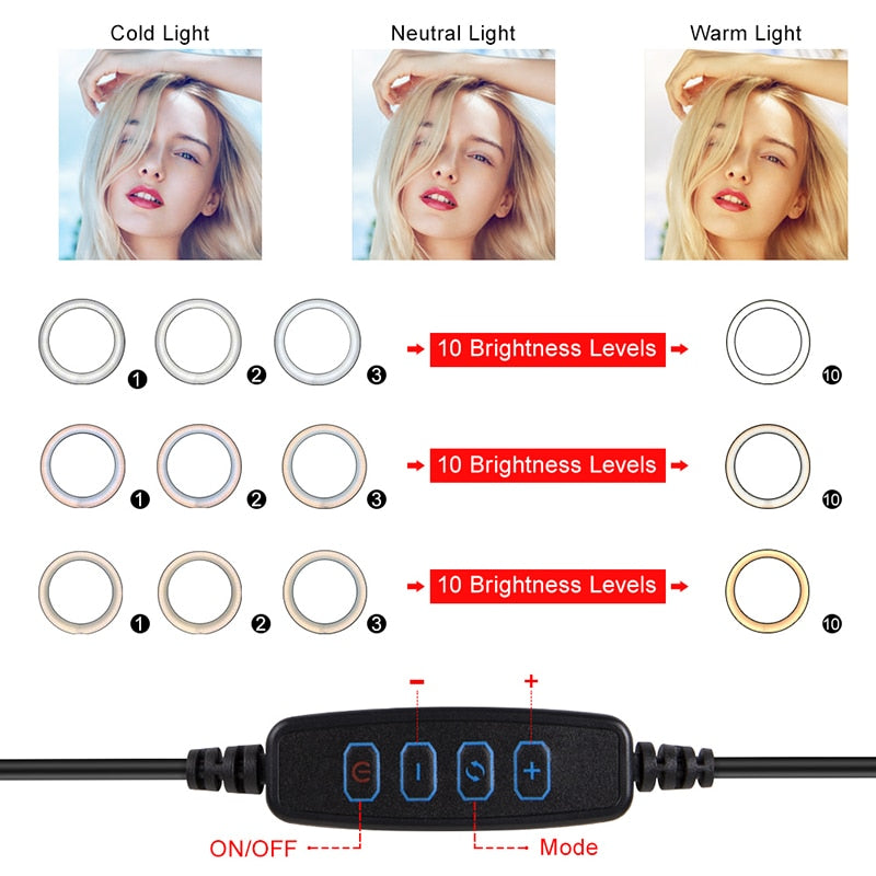 Photo Lights 26cm/10in Circle Ring Light Dimmable Luces LED Selfie USB Plug Lamp For Tiktok Video Studio Light With Tripod Stand