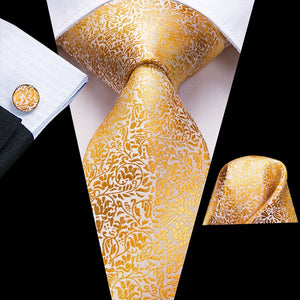 Hi-Tie Silk Men Tie Set Floral Yellow Gold Ties and Handkerchiefs Cufflinks Set Men&#39;s Wedding Party Suit Fashion Neck Tie C-3053