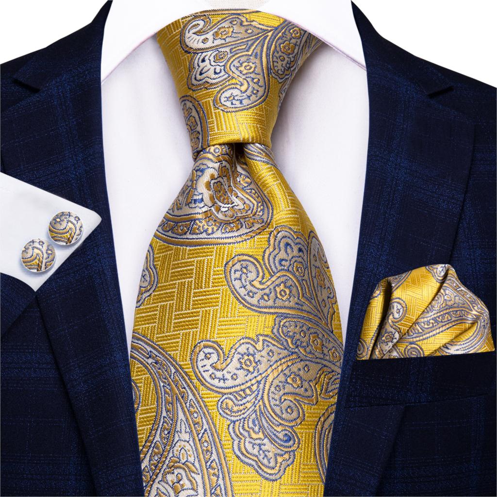 Hi-Tie Silk Men Tie Set Floral Yellow Gold Ties and Handkerchiefs Cufflinks Set Men's Wedding Party Suit Fashion Neck Tie C-3053