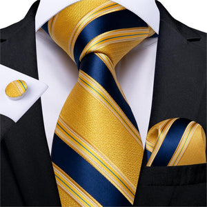 DiBanGu Designer Mens Wedding Tie Gold Black Striped Silk Neck Ties For Men Hanky Cufflinks Set Business Party Gravatas