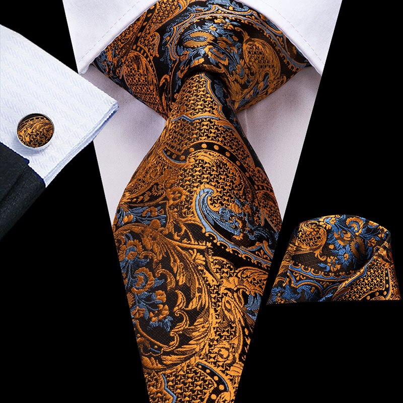 Hi-Tie Silk Men Tie Set Floral Yellow Gold Ties and Handkerchiefs Cufflinks Set Men&#39;s Wedding Party Suit Fashion Neck Tie C-3053