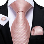 DiBanGu Men Tie Solid Pink Color Formal Wedding Necktie Silk Jacquard Woven Tie Handkerchief Cufflinks For Men Business Suit