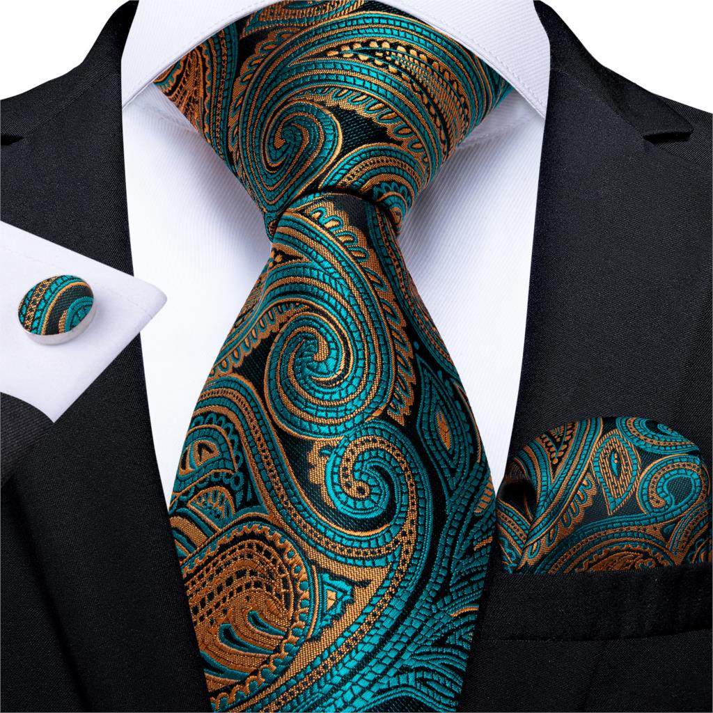 Gift Men Tie Teal Green Paisley Novelty Design Silk Wedding Tie for Men Handky cufflink Tie Set DiBanGu Party Business Fashion