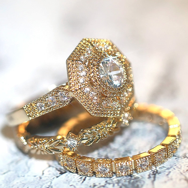 Huitan Trendy Luxury 3 PC Bridal Ring Sets Noble Royal Golden Color With Cubic Zircon Stone Factory Wholesale Women Midi Ring
