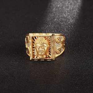 Men&#39;s Gold Color Ring Buddha Finger Ring Resizable Buddha Head Carved Ring Buddhist Jewelry