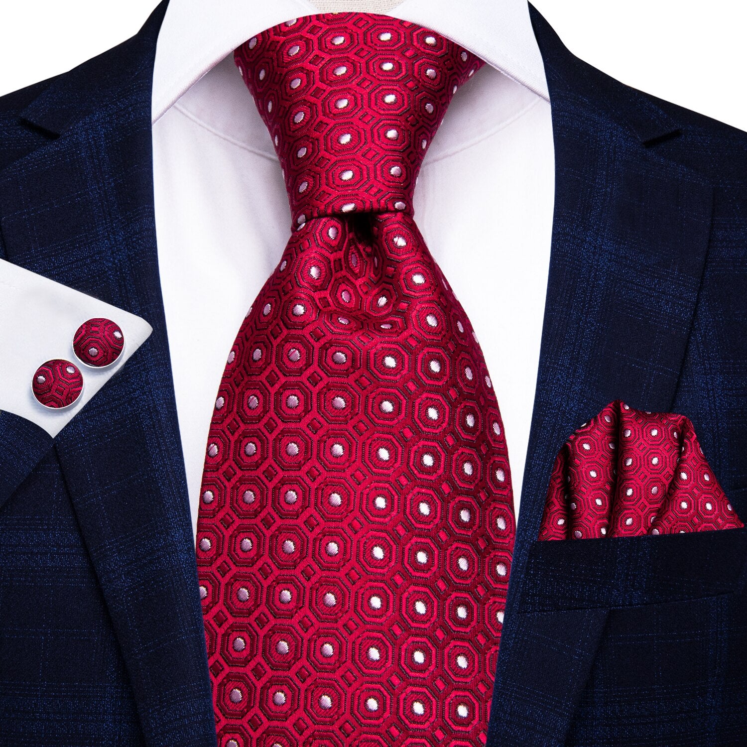 Hi-Tie Navy Blue Red Dot Silk Wedding Tie For Men Hanky Cufflink Mens Gift Tie Set Business Party Dropshipping Fashion Designer