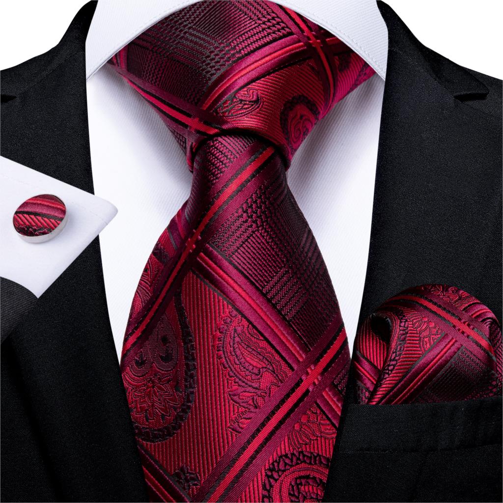 New Design Wedding Men Tie Red  Solid Striped Paisley Neckties For Men Business Dropshipping DiBanGu Hanky Cufflinks Tie Set