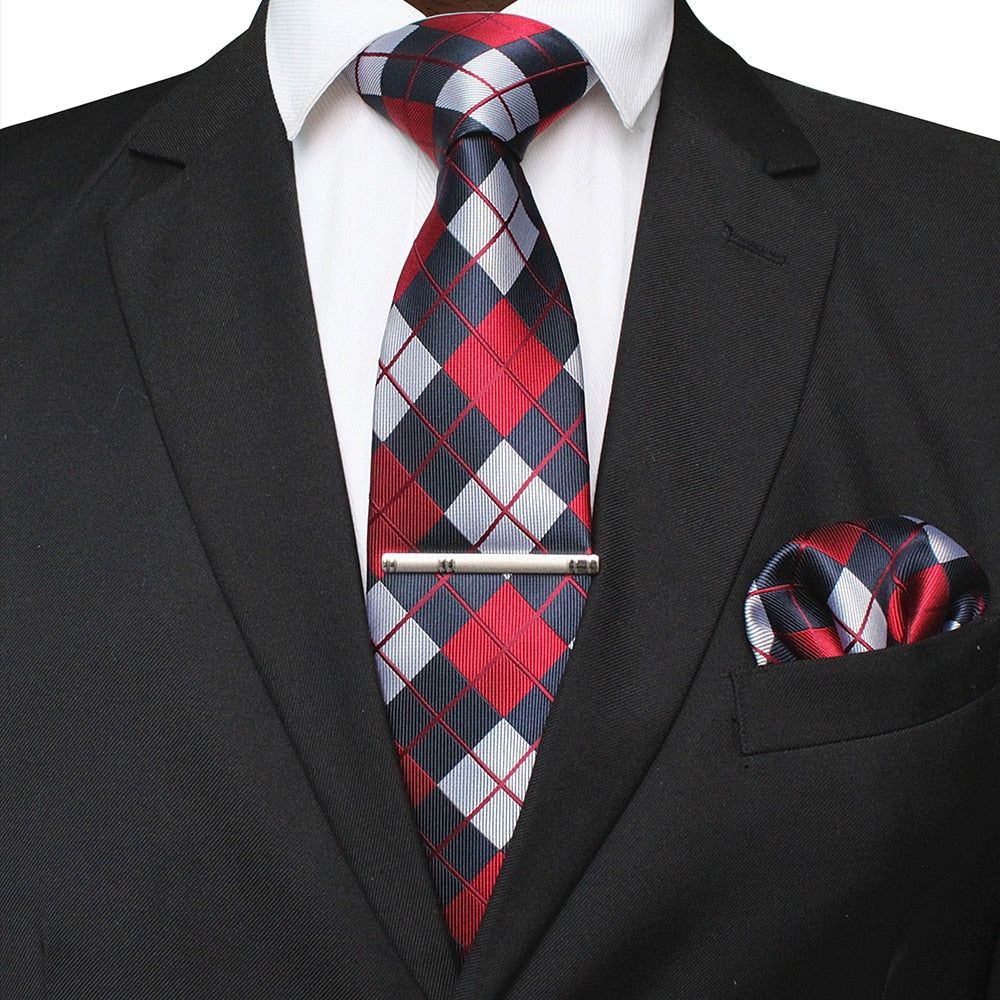 41 Style Men Tie Necktie Pocket Square Party Wedding Fashion Striped Plaid 8cm Silk Woven Business Handkerchief Tie Clip Set