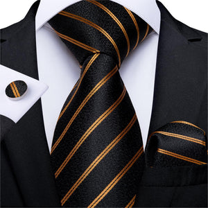 DiBanGu Designer Mens Wedding Tie Gold Black Striped Silk Neck Ties For Men Hanky Cufflinks Set Business Party Gravatas