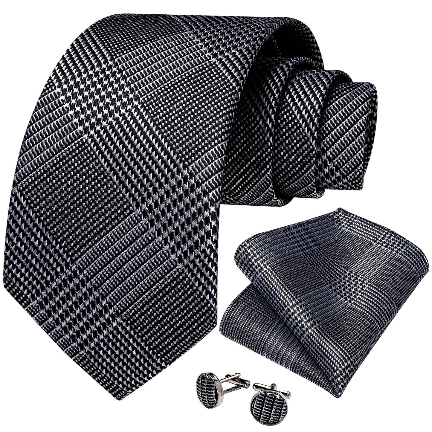 Houndstooth Black Silver Gold Blue Pink Luxury Silk Ties For Men 8cm Business Wedding Neck Tie Set Handkerchief Men's Gift