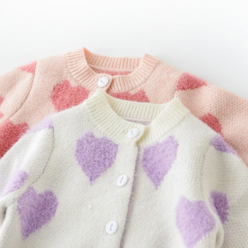 Spring Autumn Infant Baby Girls Knit Long Sleeve Loving Heart Coat + Rompers Clothing Sets Kids Girls Suit Clothes 0-2Yrs