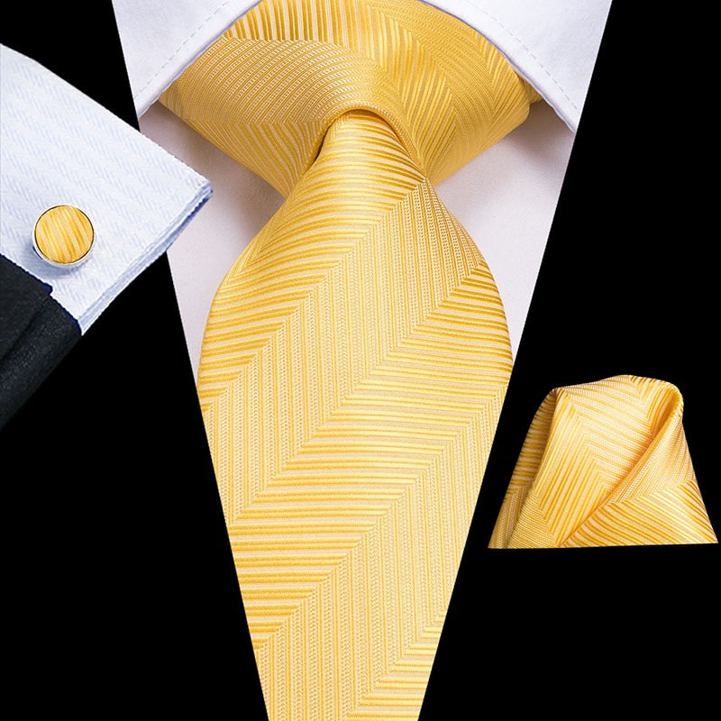 Hi-Tie Silk Men Tie Set Floral Yellow Gold Ties and Handkerchiefs Cufflinks Set Men's Wedding Party Suit Fashion Neck Tie C-3053