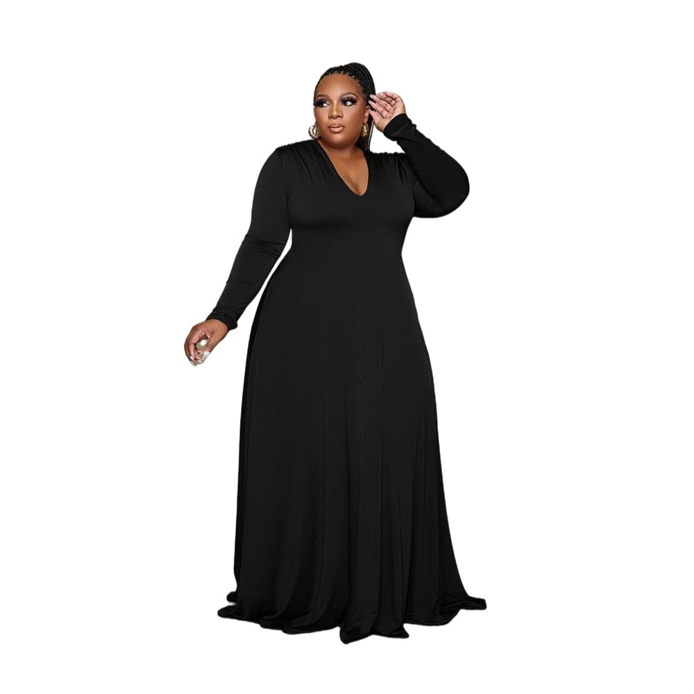 Sexy Solid Color V Neck Long Sleeved Elegant Loose Maxi Evening Dresses Fashion High Waist Plus Size Women Clothing Wholesale