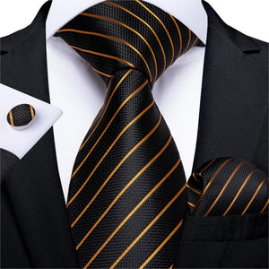 DiBanGu Designer Mens Wedding Tie Gold Black Striped Silk Neck Ties For Men Hanky Cufflinks Set Business Party Gravatas