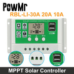 PowMr 30A 20A 10A Solar Charge Controller Solar Panel 12V 24V Auto Lithium Battery Lead Acid Battery With LCD Dual USB 5V Output