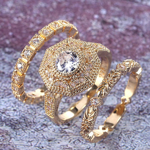 Huitan Trendy Luxury 3 PC Bridal Ring Sets Noble Royal Golden Color With Cubic Zircon Stone Factory Wholesale Women Midi Ring