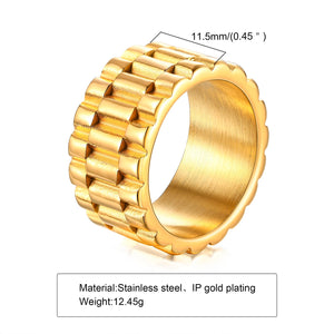 Vnox 11mm Watch Band Shaped Ring for Men, Gold Color Stainless Steel Punk Finger Band, Rock Gothic Hiphop Boy Jewelry