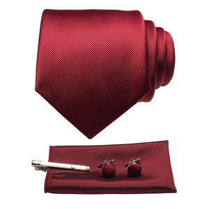 JEMYGINS Original New Solid Silk Tie Male Formal Plain Red Necktie Pocket Square Hanky Cufflinks Set For Men Party Wedding