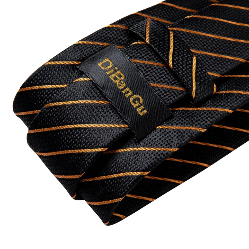 DiBanGu Designer Mens Wedding Tie Gold Black Striped Silk Neck Ties For Men Hanky Cufflinks Set Business Party Gravatas