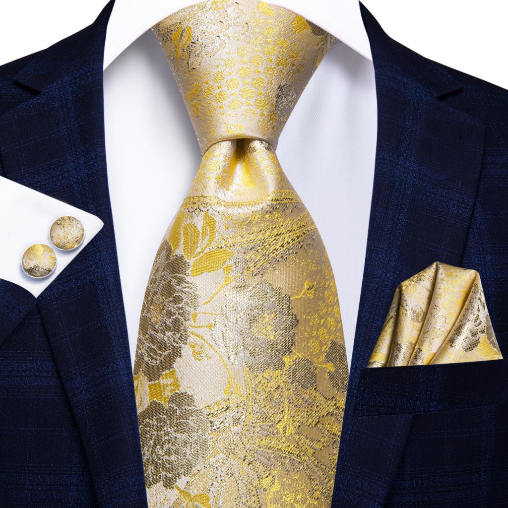 Hi-Tie Silk Men Tie Set Floral Yellow Gold Ties and Handkerchiefs Cufflinks Set Men's Wedding Party Suit Fashion Neck Tie C-3053