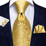 Hi-Tie Silk Men Tie Set Floral Yellow Gold Ties and Handkerchiefs Cufflinks Set Men&#39;s Wedding Party Suit Fashion Neck Tie C-3053