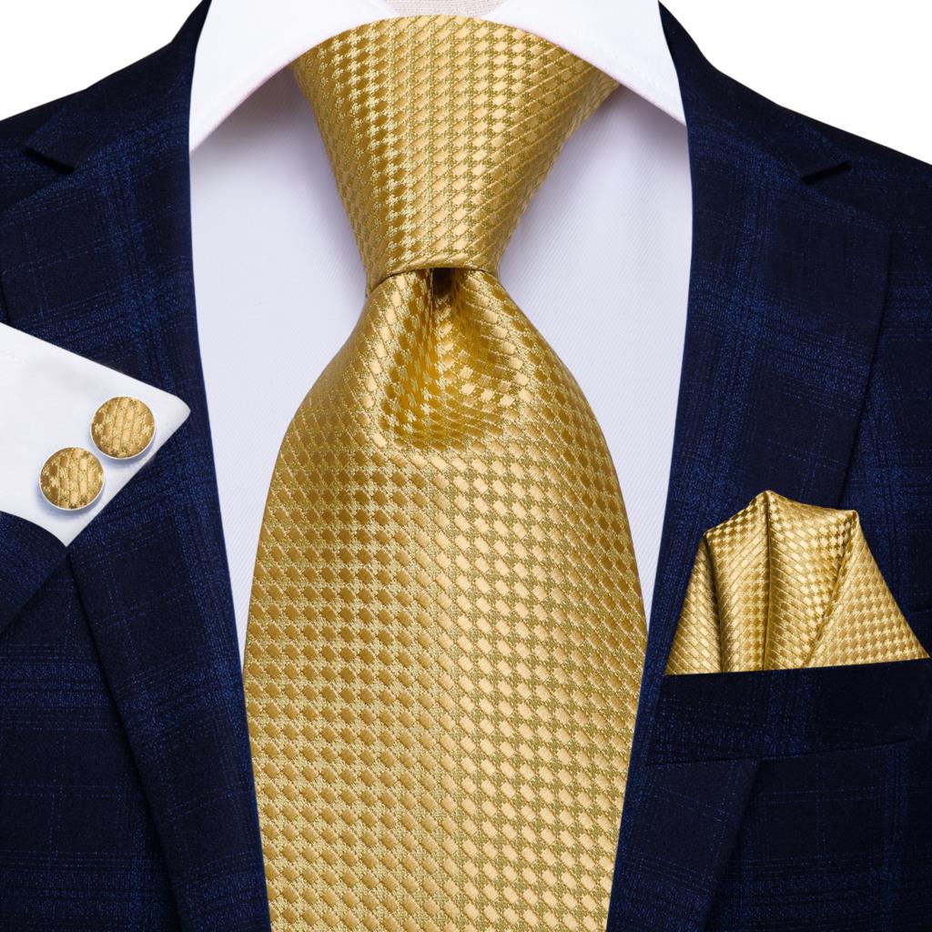 Hi-Tie Silk Men Tie Set Floral Yellow Gold Ties and Handkerchiefs Cufflinks Set Men's Wedding Party Suit Fashion Neck Tie C-3053