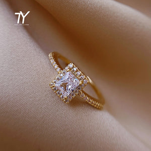 Exquisite Simple Square Zircon Gold Color Open Rings For Woman 2022 Salary Goth Jewelry Wedding Party Girls&#39; Luxury Student Ring