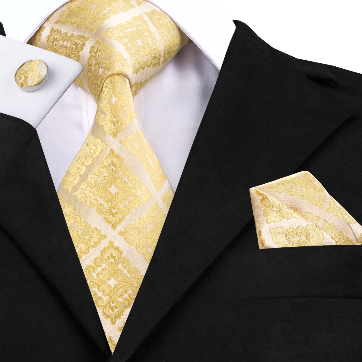 Hi-Tie Silk Men Tie Set Floral Yellow Gold Ties and Handkerchiefs Cufflinks Set Men&#39;s Wedding Party Suit Fashion Neck Tie C-3053