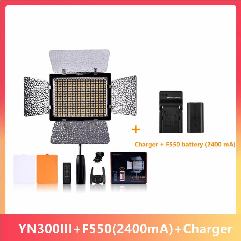 YONGNUO YN300 III YN-300 lIl 3200k-5500K CRI95 Camera Photo LED Video Light Photography lights with NP-F550 Battery & Charger