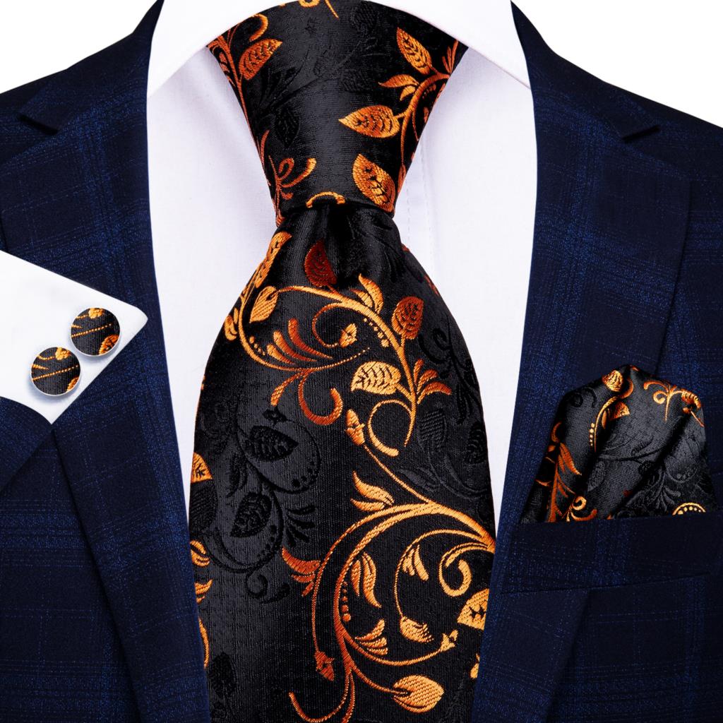 Hi-Tie Silk Men Tie Set Floral Yellow Gold Ties and Handkerchiefs Cufflinks Set Men&#39;s Wedding Party Suit Fashion Neck Tie C-3053