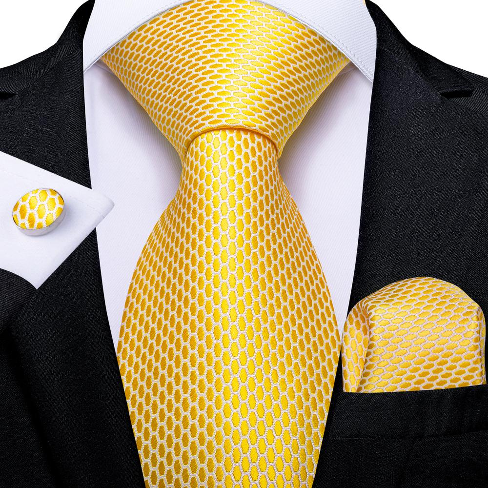 Hi-Tie Silk Men Tie Set Floral Yellow Gold Ties and Handkerchiefs Cufflinks Set Men's Wedding Party Suit Fashion Neck Tie C-3053