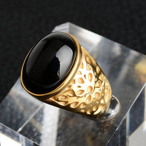 Luxury Oval Black Stone Gold Color Ring for Men Personality Vintage Prom Jewelry Gift