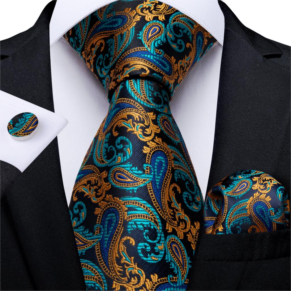 Gift Men Tie Teal Green Paisley Novelty Design Silk Wedding Tie for Men Handky cufflink Tie Set DiBanGu Party Business Fashion