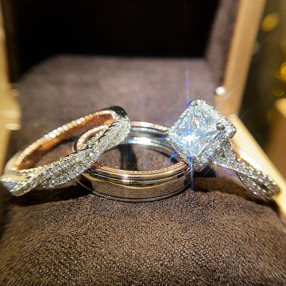 Huitan Luxury Princess Cut Cubic Zircon Bridal Marriage Set Rings Elegant Accessories Brilliant Women Men Wedding Trendy Jewelry