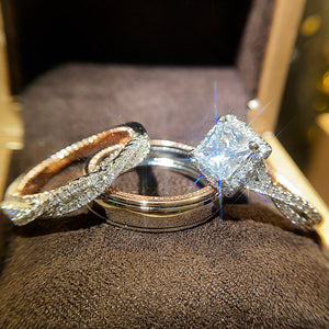 Huitan Luxury Princess Cut Cubic Zircon Bridal Marriage Set Rings Elegant Accessories Brilliant Women Men Wedding Trendy Jewelry