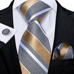 DiBanGu Designer Mens Wedding Tie Gold Black Striped Silk Neck Ties For Men Hanky Cufflinks Set Business Party Gravatas