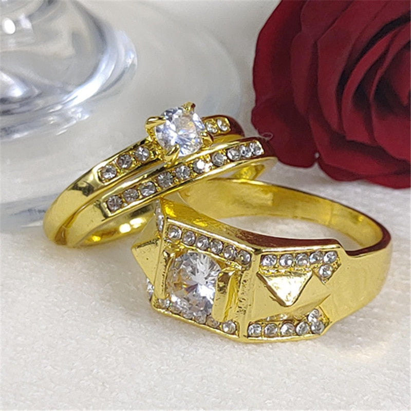 CC Rings For Women And Men Fashion Lovers' Set Ring Cubic Zirconia Yellow Gold Color Wedding Engagement Accessories CC2095