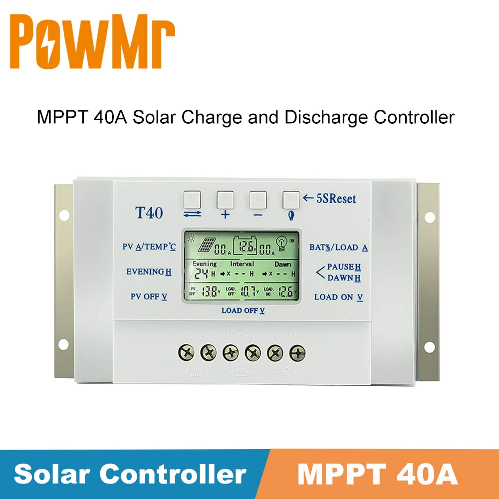 MPPT 40A Solar Charge and Discharge Controller 12V 24V LCD USB Regulator with Load Dual Timer Control for Solar Lighting System
