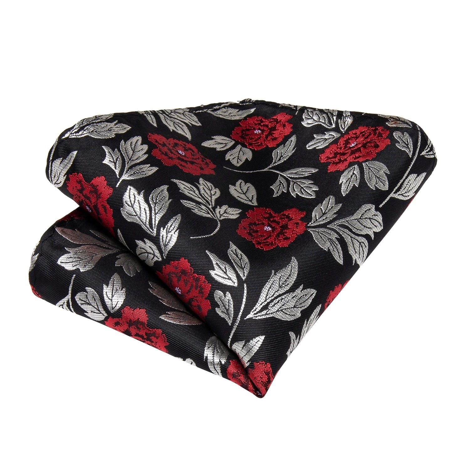 Black Red Reose Floral Ties For Men 8cm Men&#39;s Silk Neck Tie Handkerchief Cufflinks Set Business Wedding Tie Gift For Men DiBanGu