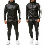 ZOGAA Men&#39;s PU Leather Hoodies Set 2 Piece Casual Sweatsuit Hooded Jacket and Pants Jogging Suit Tracksuits