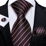 DiBanGu Designer Mens Wedding Tie Gold Black Striped Silk Neck Ties For Men Hanky Cufflinks Set Business Party Gravatas