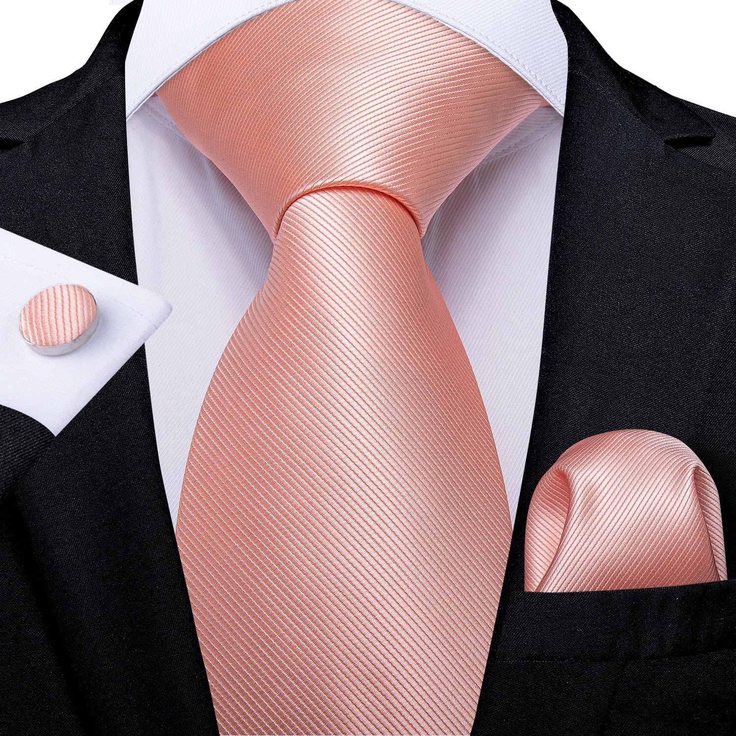 DiBanGu Men Tie Solid Pink Color Formal Wedding Necktie Silk Jacquard Woven Tie Handkerchief Cufflinks For Men Business Suit