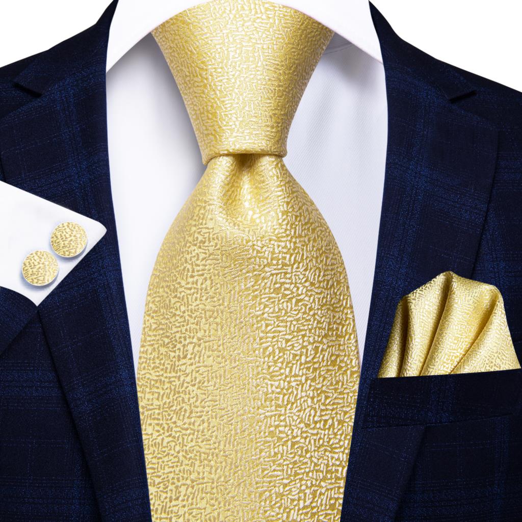 Hi-Tie Silk Men Tie Set Floral Yellow Gold Ties and Handkerchiefs Cufflinks Set Men's Wedding Party Suit Fashion Neck Tie C-3053