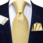 Hi-Tie Silk Men Tie Set Floral Yellow Gold Ties and Handkerchiefs Cufflinks Set Men&#39;s Wedding Party Suit Fashion Neck Tie C-3053