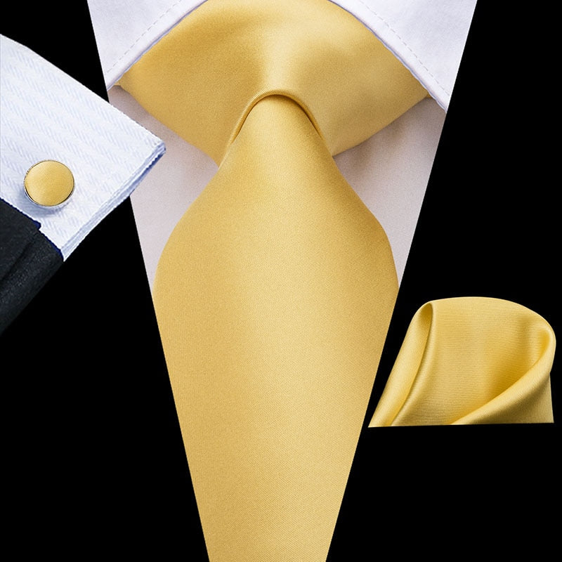 Hi-Tie Silk Men Tie Set Floral Yellow Gold Ties and Handkerchiefs Cufflinks Set Men's Wedding Party Suit Fashion Neck Tie C-3053
