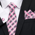 Men`s Tie Silk Red Plaid print Jacquard Woven Tie + Hanky + Cufflinks Sets For Formal Wedding Business Party Free Postage