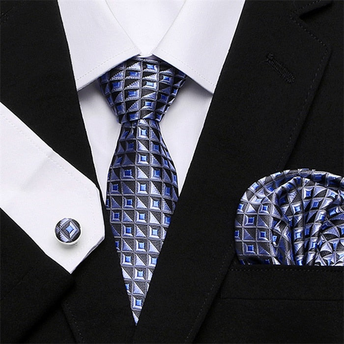 Men`s Tie Silk Red Plaid print Jacquard Woven Tie + Hanky + Cufflinks Sets For Formal Wedding Business Party Free Postage