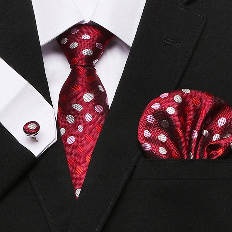 Men`s Tie Silk Red Plaid print Jacquard Woven Tie + Hanky + Cufflinks Sets For Formal Wedding Business Party Free Postage