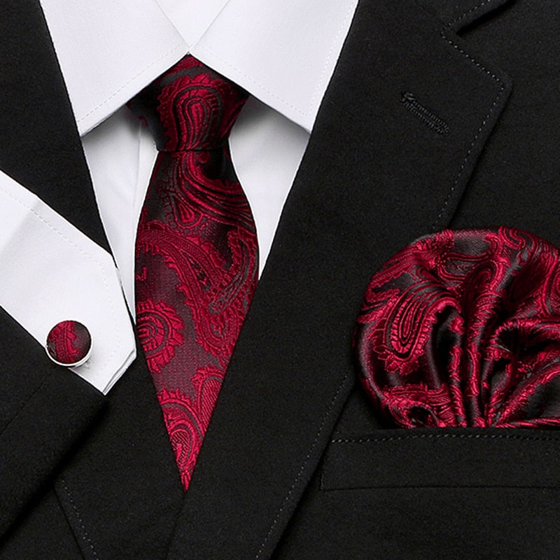 Men`s Tie Silk Red Plaid print Jacquard Woven Tie + Hanky + Cufflinks Sets For Formal Wedding Business Party Free Postage