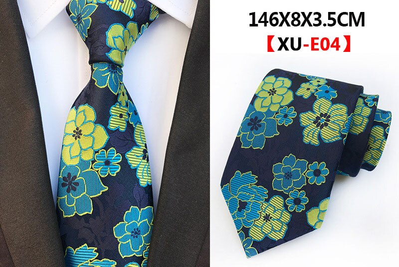 Men&#39;s Fashion Tie 8cm Silk Classic Necktie Yellow Blue Plaid Striped Flower Ties Business Wedding Mans Neckwear Gift Accessories